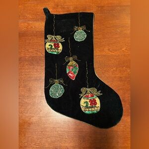 Vintage Elegant Black Velvet Holiday Stocking with Gold & Red Beaded Ornaments